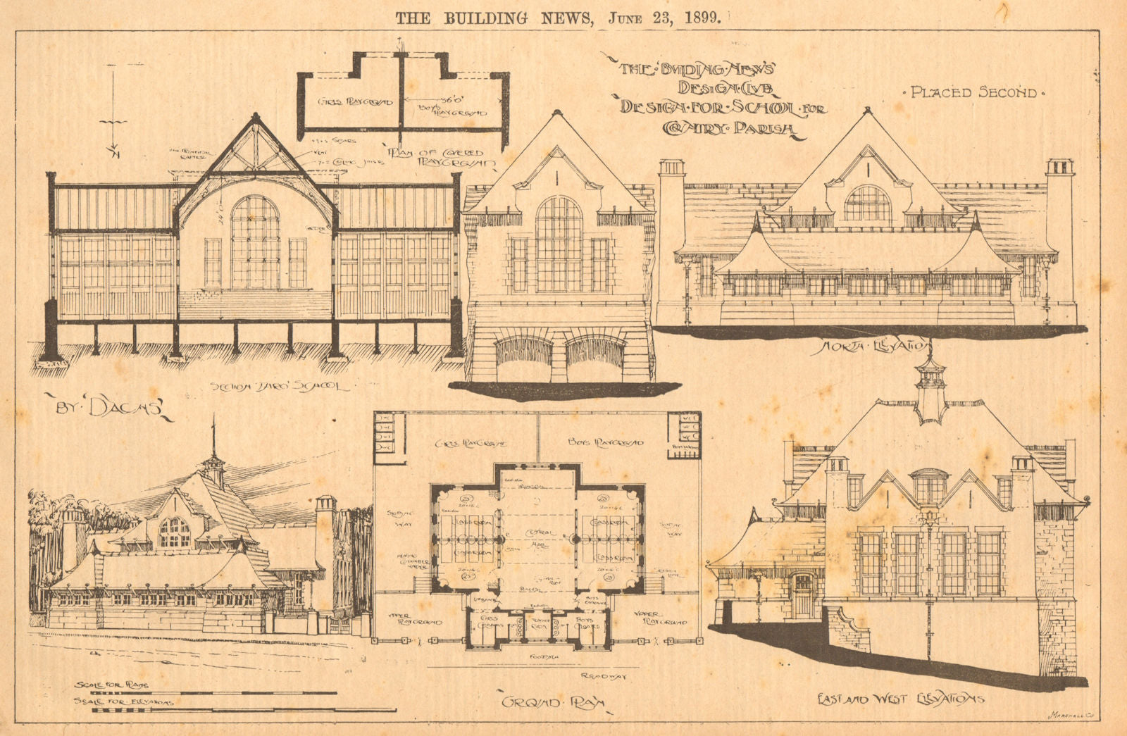 Designed for school for County Parish. Plan & elevations 1899 old print